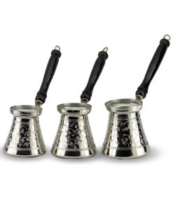 Morya Bakır Cezve Takımı Üçlü Ahşap Saplı Nikelli Kalaylı